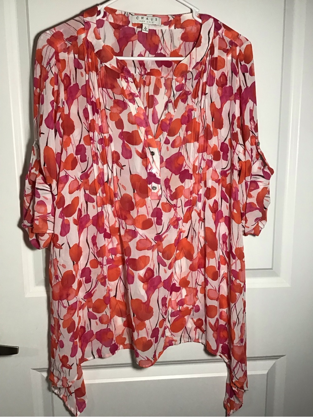 Chaus Pink Floral Pintuck Sheer Tunic Blouse with Orange Accents L